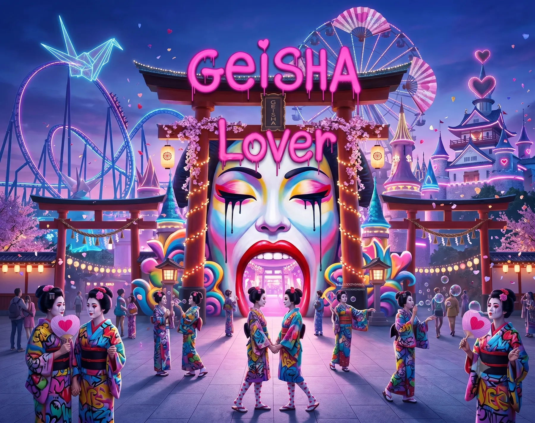 L'univers Geisha Lover : un parc d'attractions féerique peuplé de geishas en kimonos street art